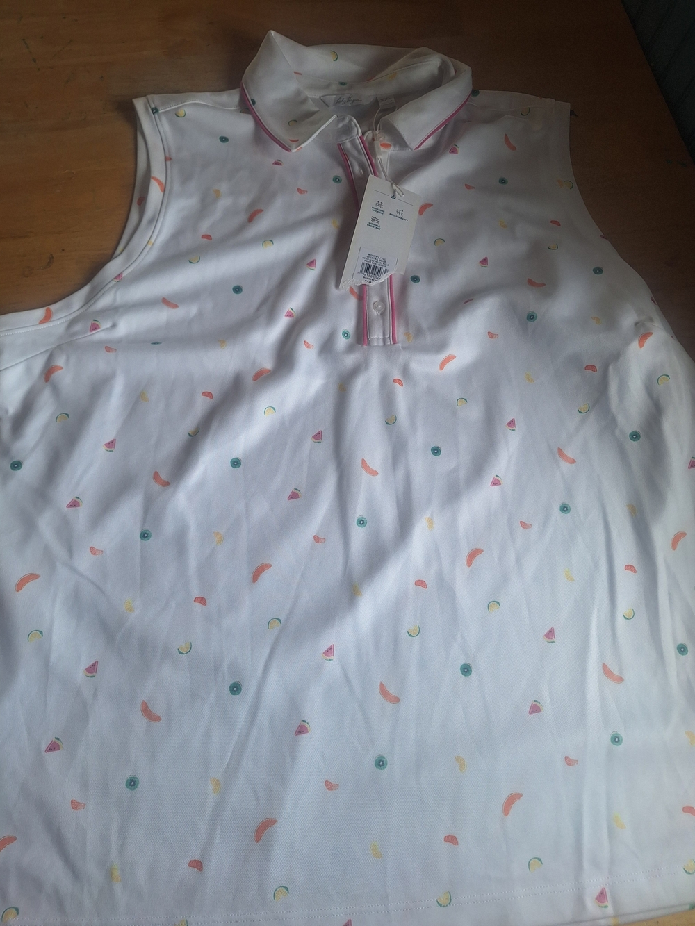 Lady Hagen White Polo with Pastel Fruit Dot Print and Pink Trim